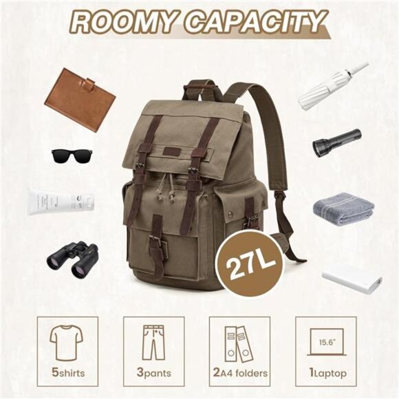 Men’s Leather Canvas Backpack Large Bag Green - Picture 4 of 6